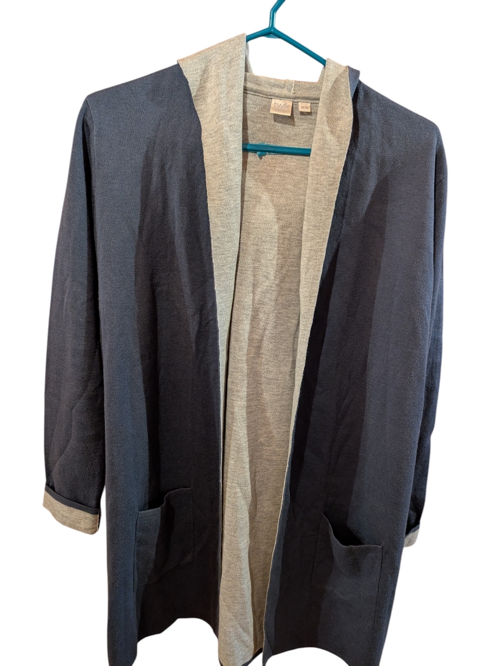 Open-Front Hooded Cardigan Jacket - Navy and Light Gray